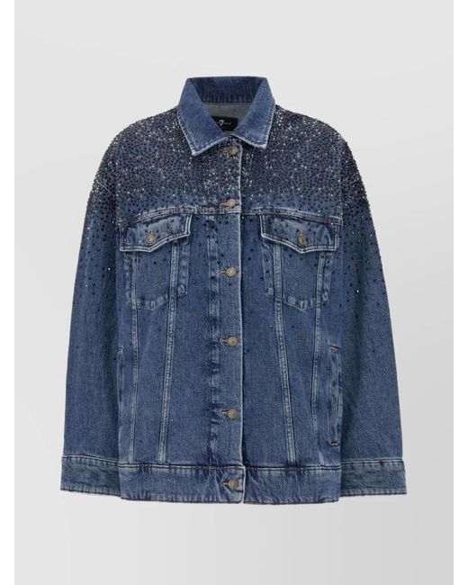 7 For All Mankind Blue Denim Jacket With Rhinestone And Stud Embellishments
