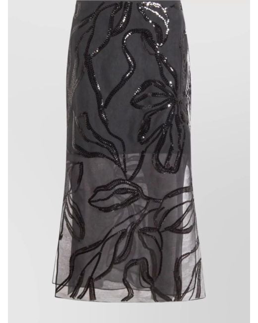 Brunello Cucinelli Black Floral Midi Skirt Sheer Overlay