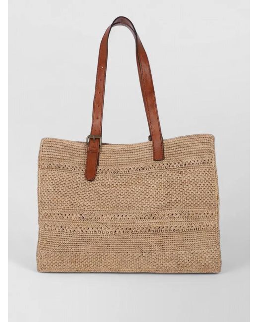 IBELIV Natural Leather Handle Rectangular Shopper Woven Texture