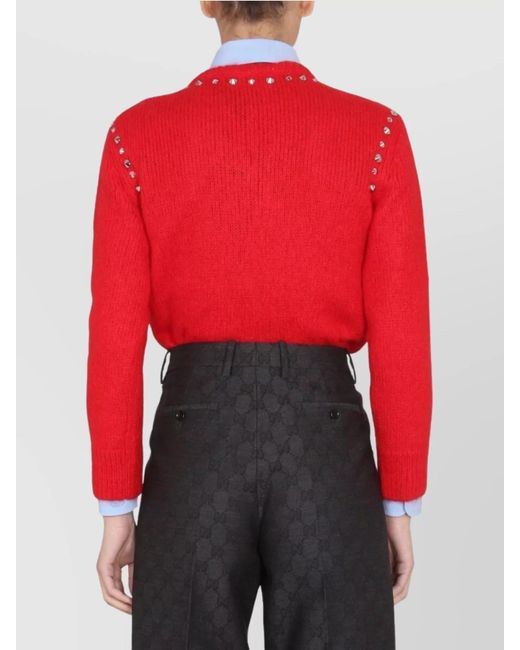Gucci Red Mohair V-Neck Studded Jumper