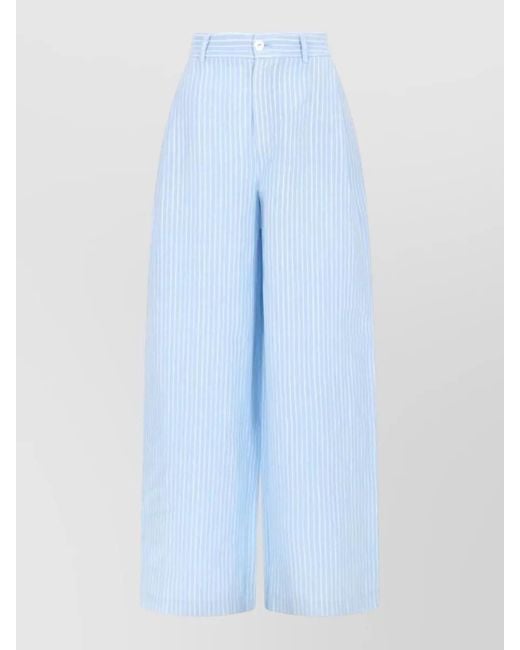 120% Lino Blue Linen High Waist Striped Tailored Trousers