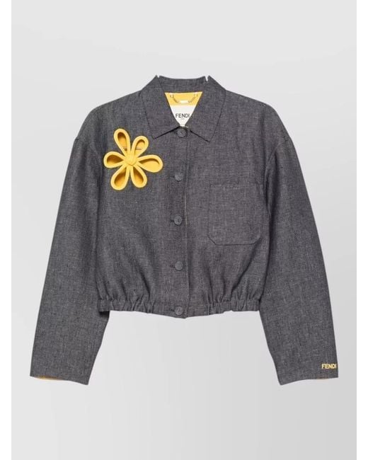 Fendi Gray Denim Jacket Floral Applique Elasticated Hem Pocket