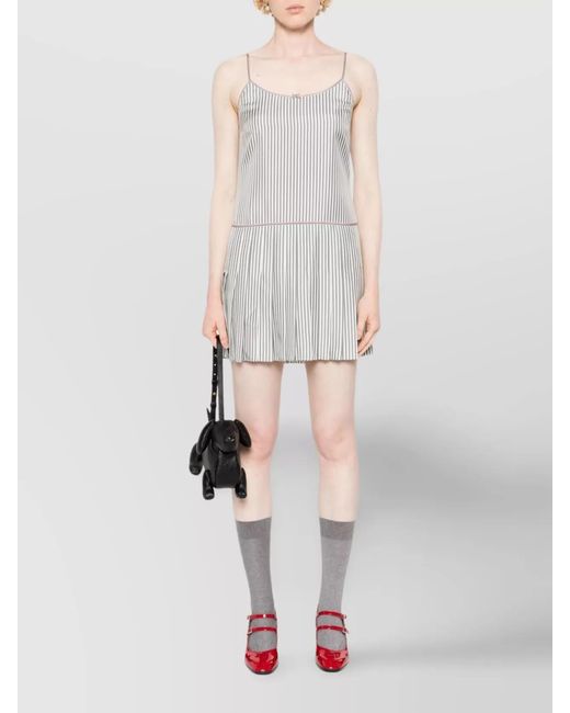 Thom Browne White Silk Striped Pleated Mini Dress