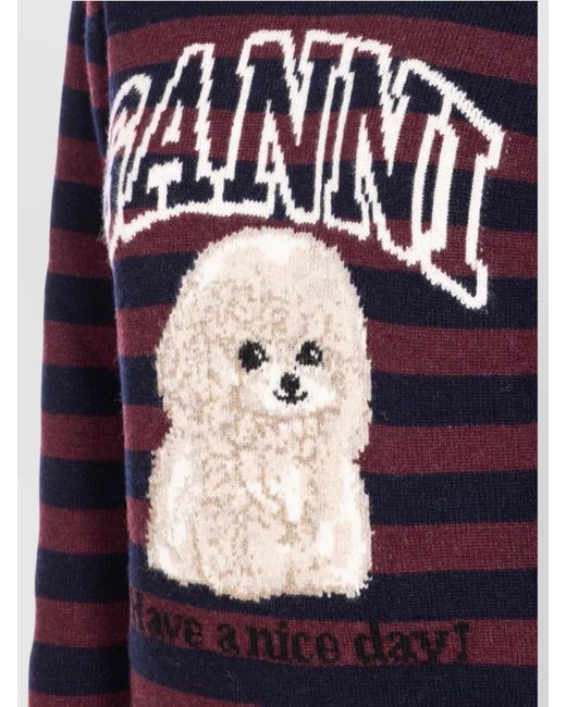 Ganni Blue Wool Blend Striped Crew Neck Jumper