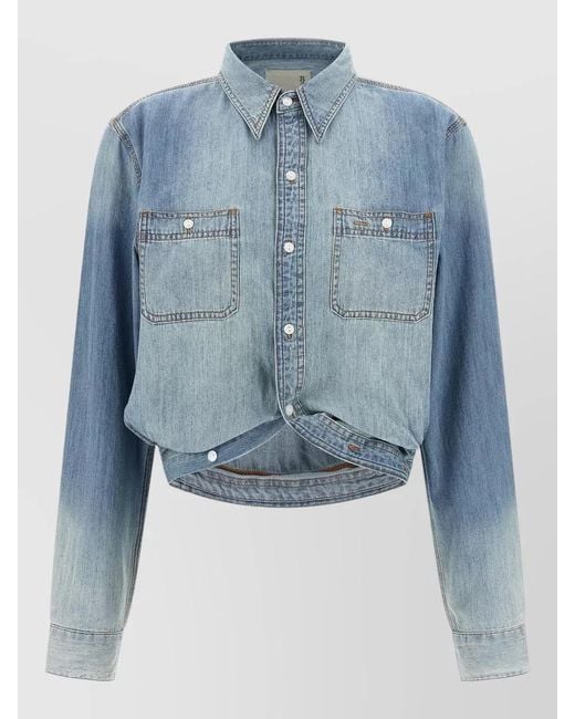 R13 Blue Cropped Denim Shirt Long Sleeves Pockets