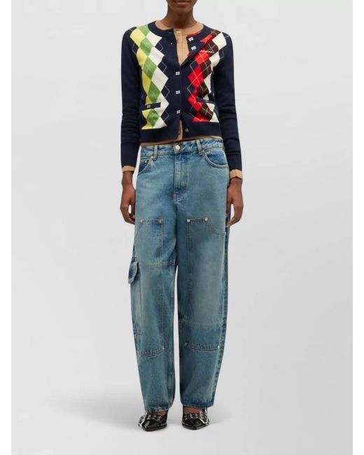 Ganni Blue Denim Paneled Straight-Leg Jeans