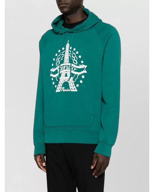 KENZO Green Cotton Graphic-Print Drawstring Hoodie for men