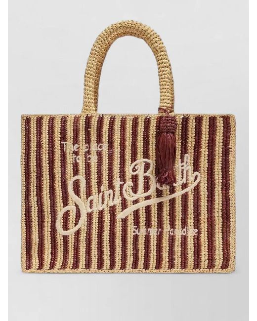 Mc2 Saint Barth Brown Colette Striped Raffia Handbag Logo Embroidery