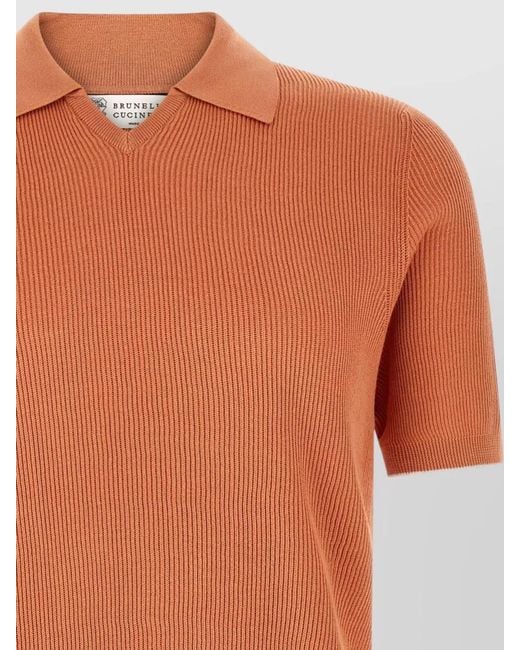 Brunello Cucinelli Orange Rib Knit Cotton Polo Short Sleeve for men
