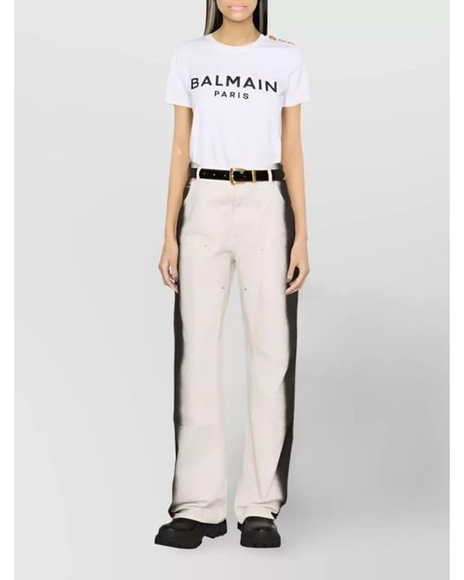 Balmain White Cotton Logo Print Button Embellished T-Shirt