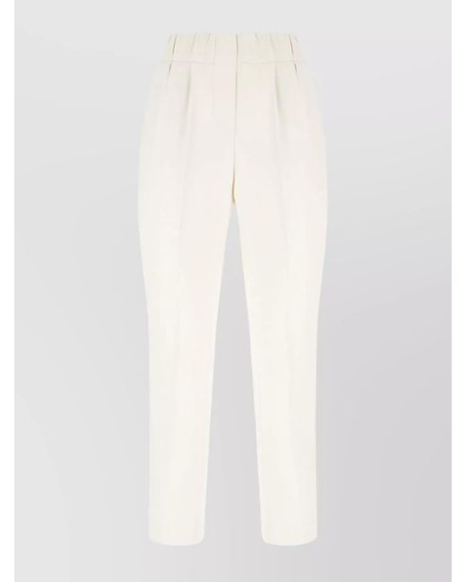 Brunello Cucinelli White Silk Blend Pleated Tapered Trousers