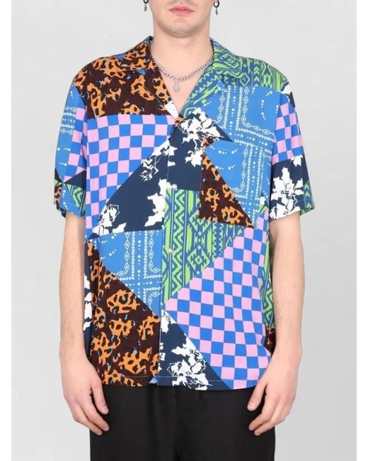 Marcelo Burlon Blue Hawaii Bowling Collar Patchwork Short Shirt for men