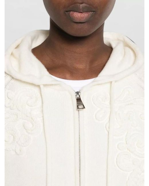 ERMANNO FIRENZE Natural Cashmere Wool Floral-Embroidered Open-Knit Trim Zip Hoodie