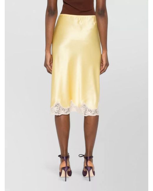 Saint Laurent Yellow Silk Lace Trim Midi Skirt