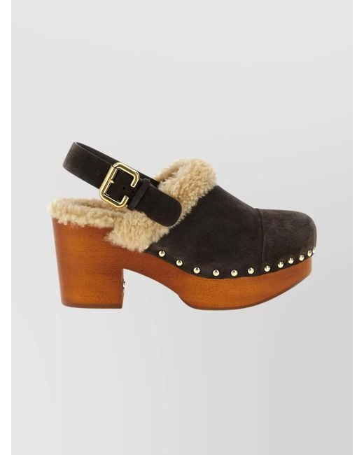 Chloé Black Round Toe Sandals With Shearling And Studs