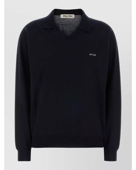 Miu Miu Blue Wool Polo Shirt Collared Ribbed Cuffs Hem