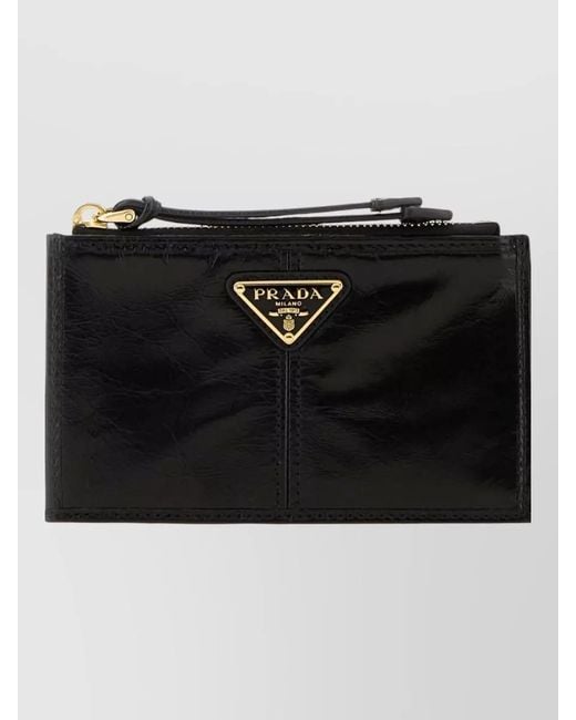 Prada Black Leather Holder Zip Logo Multiple Slots