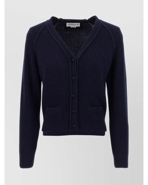Victoria Beckham Blue Cashmere Wool Stepped Hem Cardigan