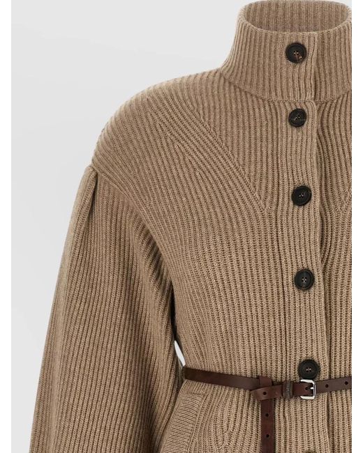 Brunello Cucinelli Natural Half Rib Knit Cardigan High Neck