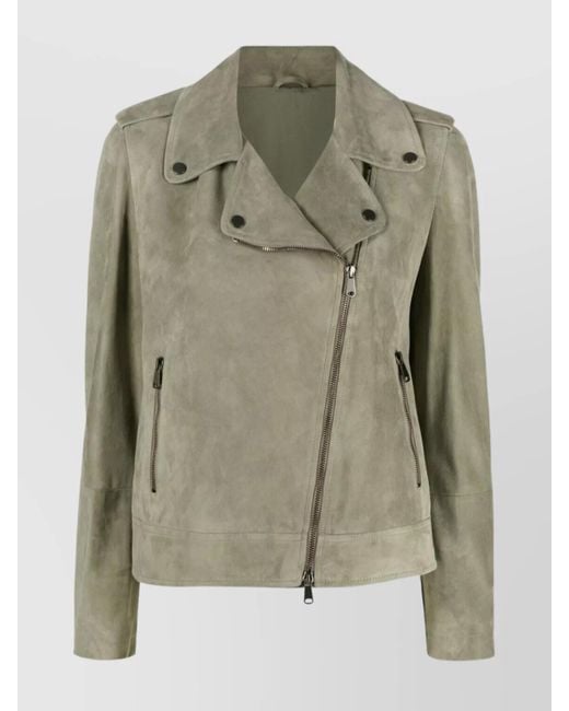 Brunello Cucinelli Green Suede Leather Biker Jacket