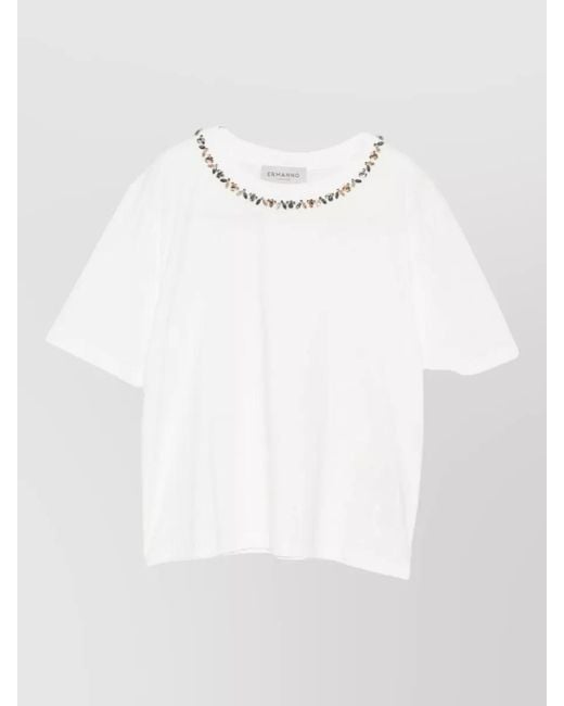 ERMANNO FIRENZE White Crew Neck Top Embellished Neckline Short Sleeves