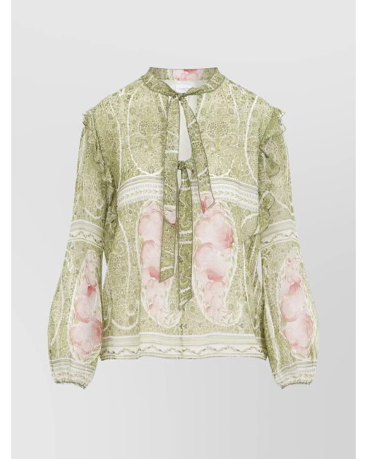 Giambattista Valli White Silk Printed Ruffled Blouse
