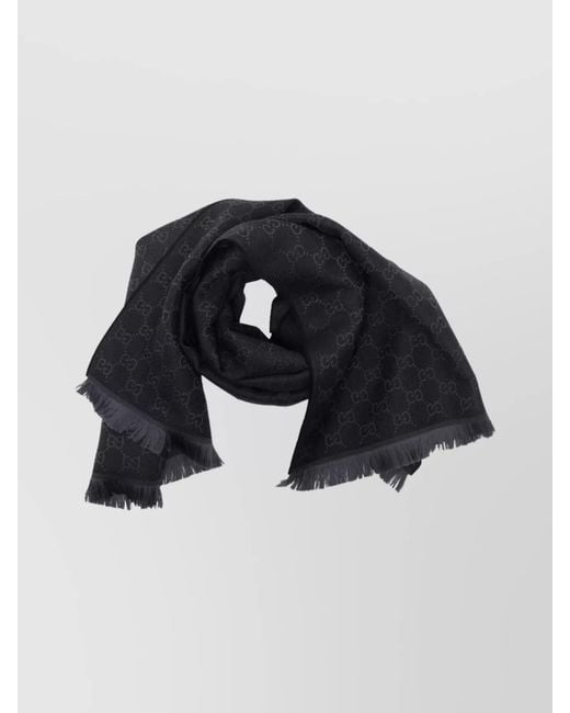 Gucci Black Wool Gg Logo Fringed Scarf