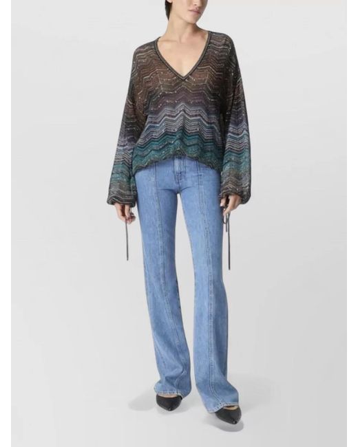 Missoni Blue V Neck Knit Blouse Long Sleeves Chevron