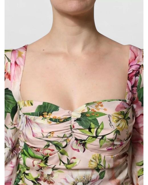 Dolce & Gabbana White Silk Floral-Print Long-Sleeve Square-Neck Midi Dress