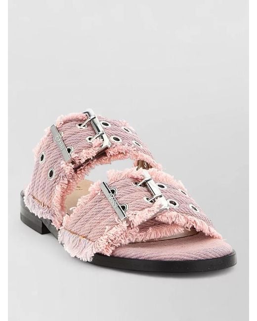 Ganni Pink Denim Buckle Fringed Sandals