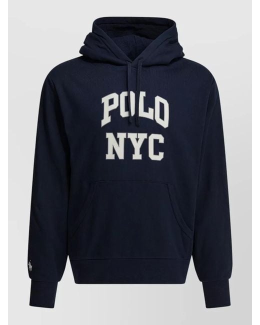 Polo Ralph Lauren Blue Hooded Logo Sweatshirt Kangaroo Pocket Ribbed Hem for men