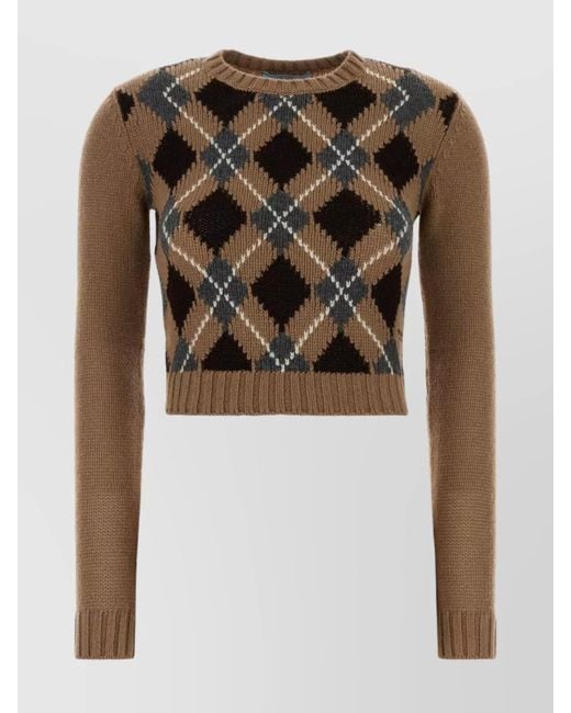 Prada Multicolor Cashmere Sweater With Cropped Length And Argyle