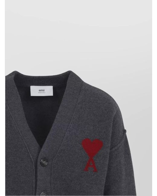 AMI Blue Wool V-Neck Cardigan for men