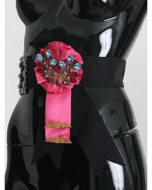Dolce & Gabbana Black Crystal-Embellished Floral Brooch Belt