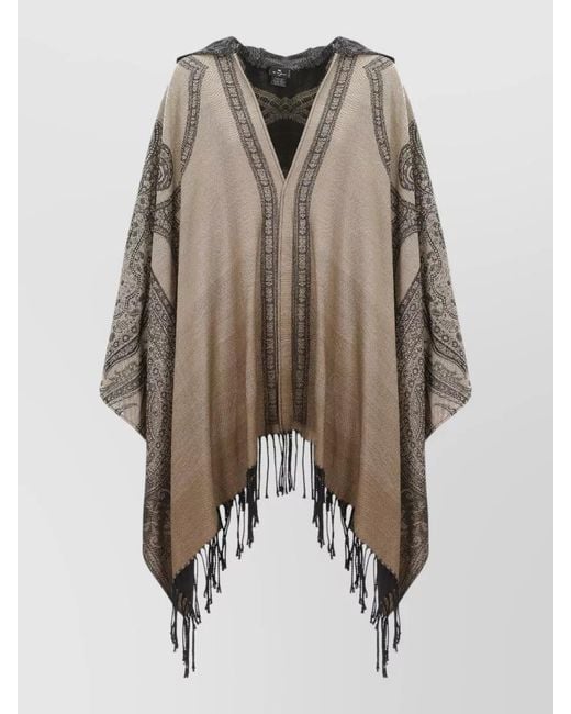 Etro Natural Hooded Paisley Wool Cape Open Front for men