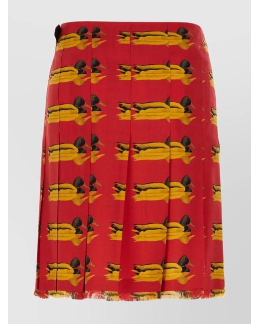 Burberry Red Wool Duck-Print Wrap Mini Skirt