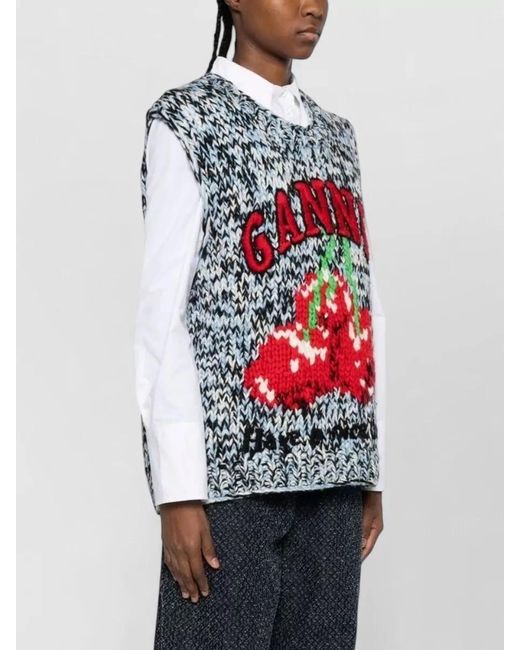 Ganni Gray Wool Knit Vest Crew Neck Graphic