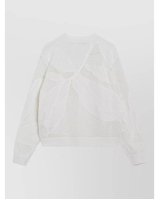 Max Mara White Leaf Pattern Crew Neck Textured Knit Sweater