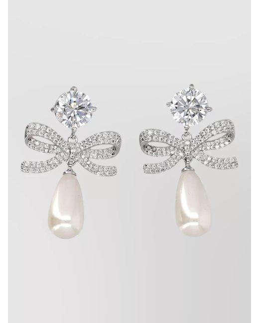 Self-Portrait Metallic Crystal-Embellished Bow Pearl Drop Earrings