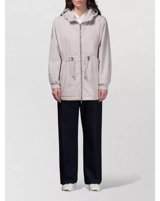 Moorer White Long Hooded Jacket Drawstring Waist Pockets