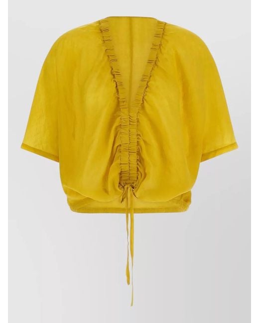 Nude Yellow Ruched V Neck Short Sleeve Top