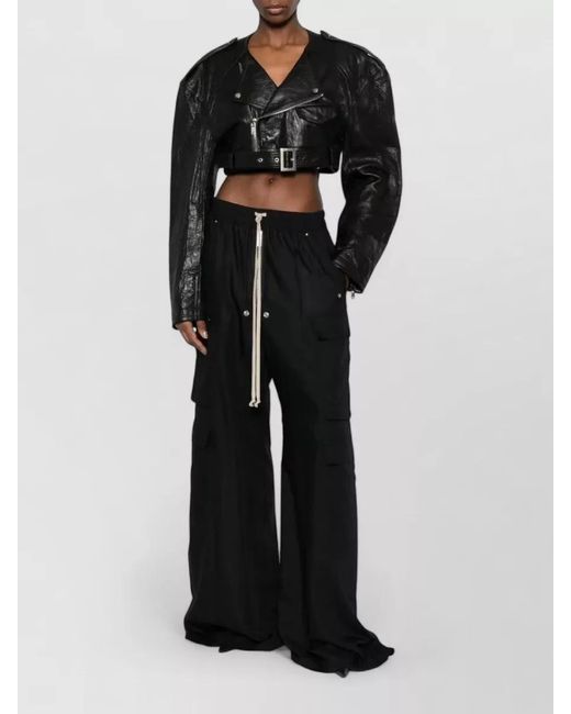 Rick Owens Black Cropped Leather Biker Jacket Belted Waist