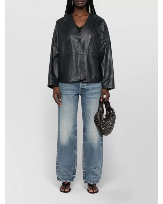 Forte_forte Black Leather Kimono Jacket V Neck Patch Pockets