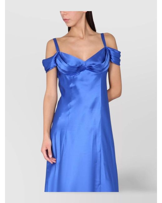 Alberta Ferretti Blue Silk Off-The-Shoulder V-Neck Midi Dress