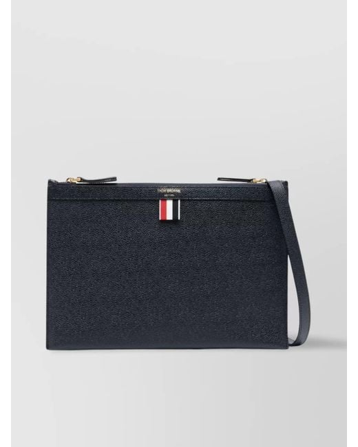 Thom Browne Blue Pebbled Leather Logo Print Shoulder Bag