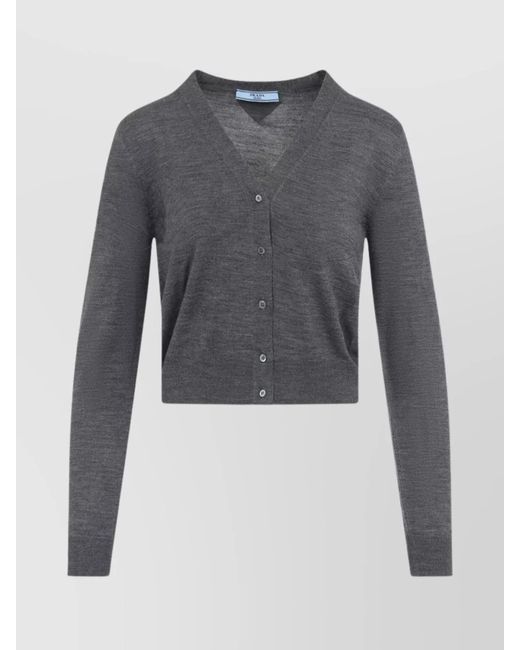 Prada Blue Cropped V-Neck Wool Cardigan With Ribbed Finish