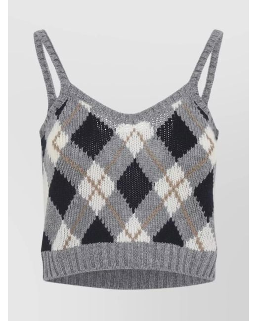 Prada Gray Sleeveless Cropped Knit Argyle Tank Top