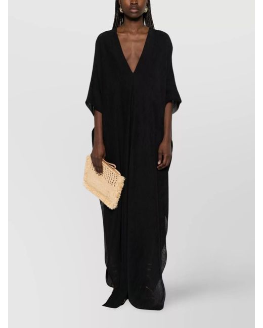 Taller Marmo Black Silk V-Neck Half-Sleeve Kaftan Dress