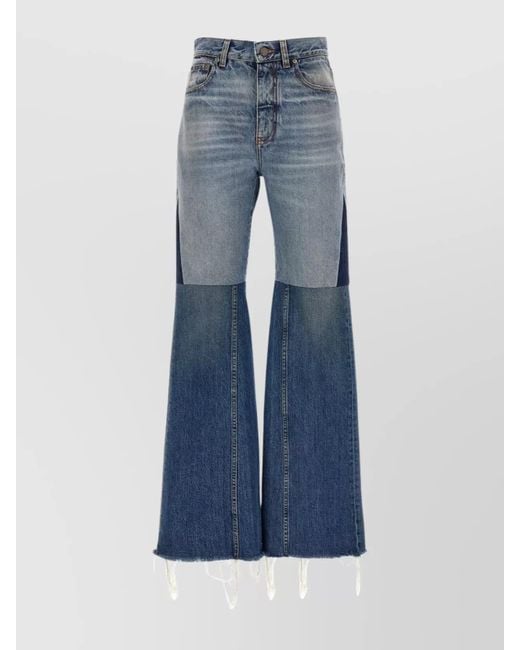 Chloé Blue Patchwork Denim Flared Trousers With Frayed Hem