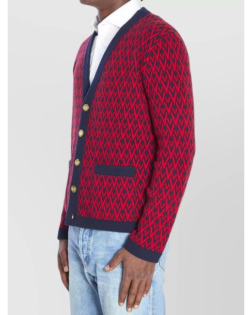 Valentino Garavani Red Virgin Wool Ribbed V-Neck Relaxed-Fit Cardigan for men